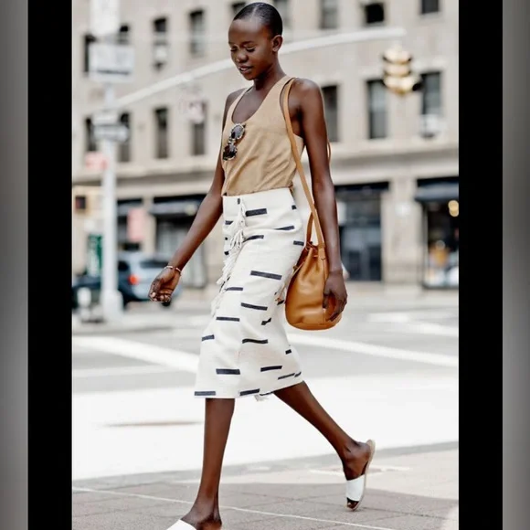 Tory Burch Beige and Navy Midi Fringe Wrap Skirt Medium NWT